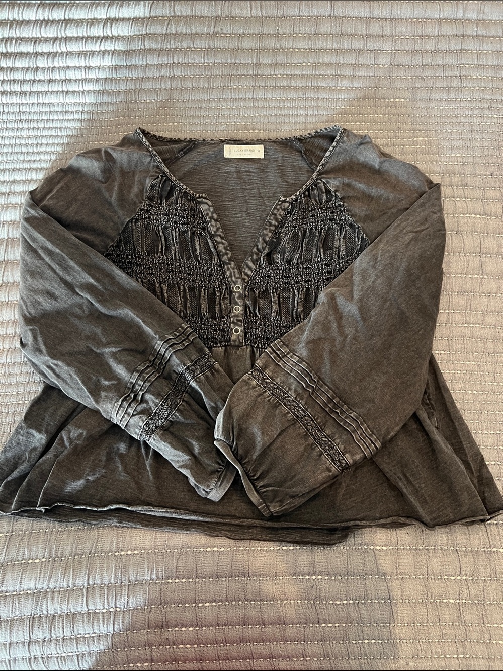 Lucky Brand Charcoal Gray Smocked Boho V-Neck Blouse